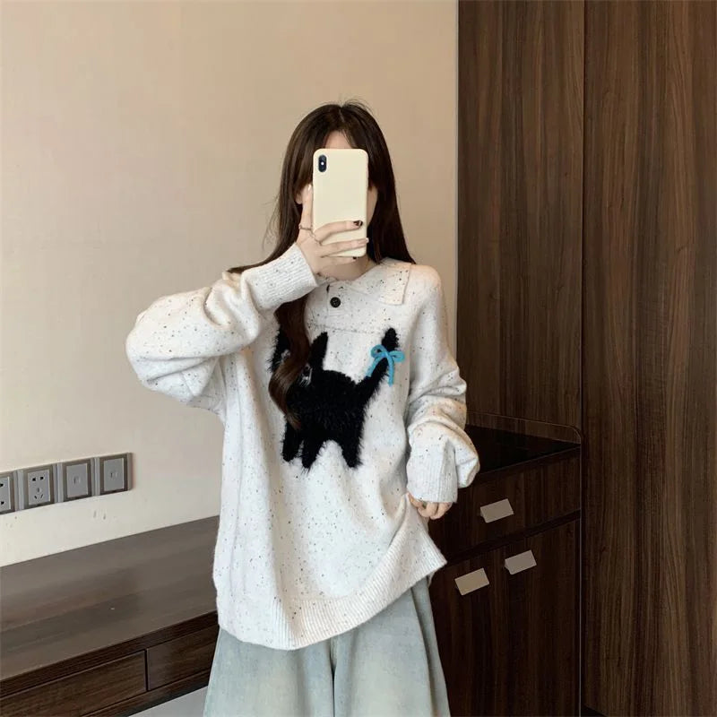 Lunivop Cute Cartoon Bow Sweaters Women Loose Vintage Long Sleeve Kawaii Knitted Jumper Japan Casual Preppy Style Retro Pullovers