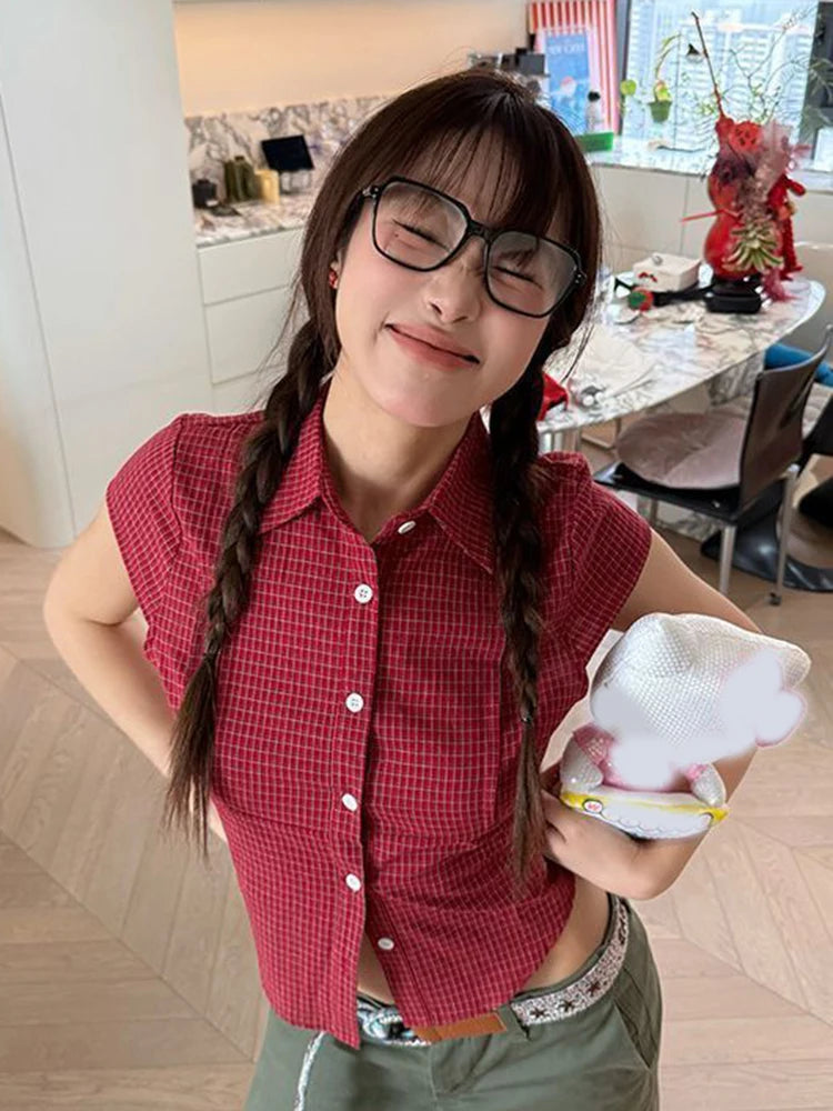 Lunivop Pure Cotton Red Plaid Shirt Women Slim Sexy Cropped Short Sleeve Y2K Blouse Vintage American Streetwear Female Summer Tops