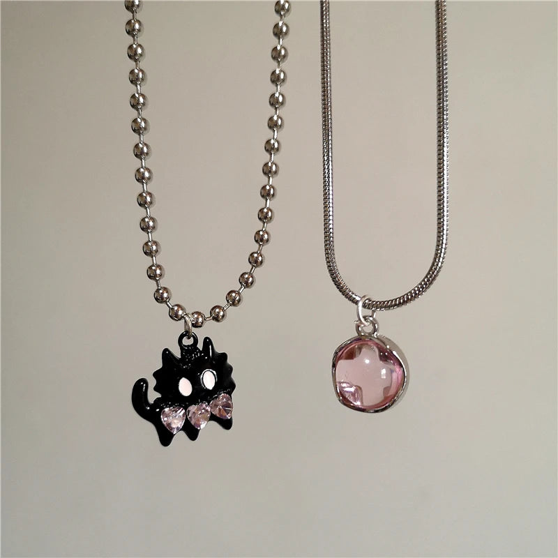 Lunivop Kpop Punk Goth Black Cat Pink Crystal Cross Heart Pendant Star Chain Necklace Men Women Hip Hop 2000s Y2K Grunge EMO Accessories