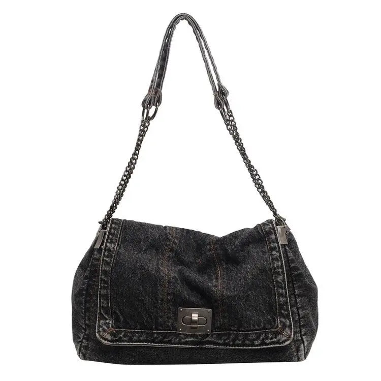 Lunivop  Harajuku Style Vintage Denim Tote Bag Women Casual Commute Large Capacity Shoulder Bag Ladies Versatile Chain Crossbody Bag