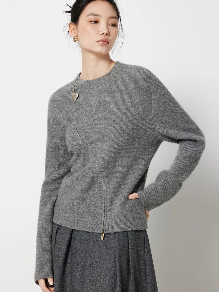 Lunivop Streetwear Gray Sweaters Women Long Sleeve Vintage O Neck Love Zipper Knitted Cardigan Casual Retro Korean Female Tops Fall