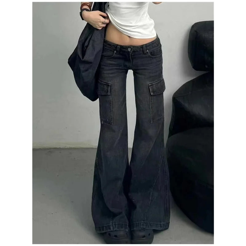 Lunivop Black Womens Jeans High Waist Vintage Straight Winter Denim Pants Street Multiple Pockets American Wide Leg Baggy Denim Trouser