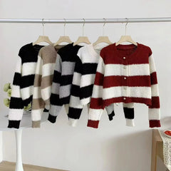 Lunivop Women's Acrylic Long Sleeve O-Neck Button-Down Striped Cropped Knit Cardigan Ladies Autumn Winter Korean Fashion Knitwear