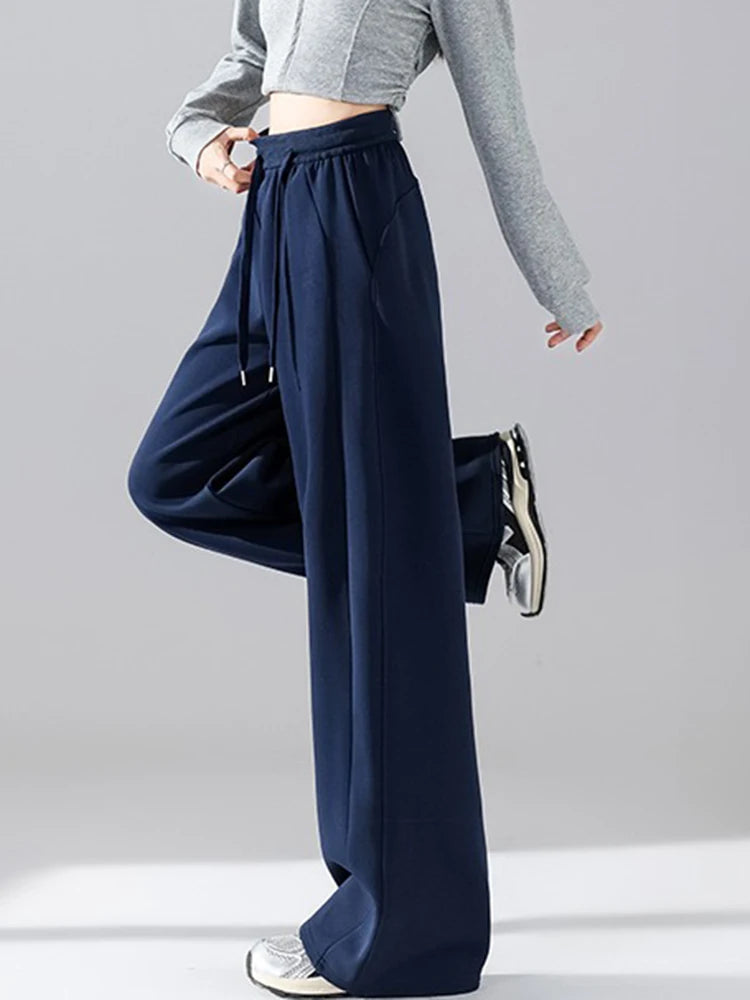 Lunivop Preppy Style Black Sweatpants Women Vintage High Waist Loose Straight Pant Korean Casual Fall Lace Up Wide Leg Trousers New