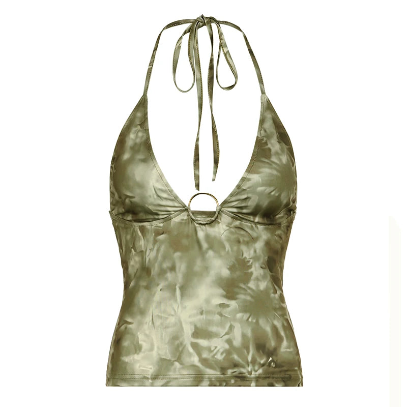 Lunivop  Summer Cute Green Print Crop Top Sexy V-neck Sleeveless Camis Women Lace-up Halter Strap Vest y2k Holiday Tees Aesthetic