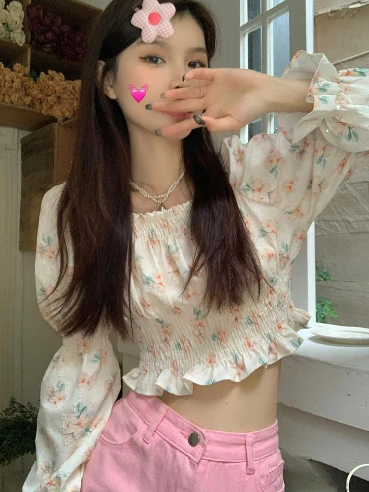 Lunivop   Floral Sweet Cropped Shirt Women Sexy Slim Long Sleeve Elegant Blouse French Vintage Square Collar Casual Off Shoulder Tops