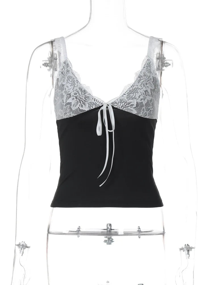 Lunivop Lace V Neck Sleeveless Lace Up Tank Top 2024 Slim Summer Y2K Streetwear Sexy Fashion Casual Clothes