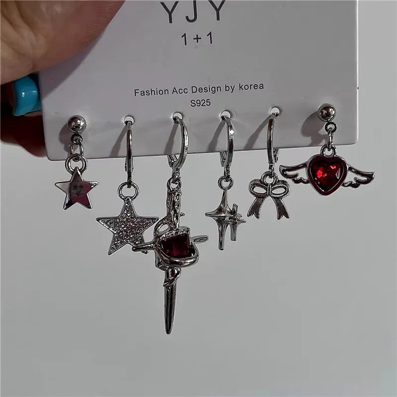 Lunivop Goth Red Crystal Star Cross Earring Set for Women Girl Vintage Aesthetic Heart Pendant Earring Trendy Y2K Jewelry Accessories