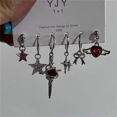 Lunivop Goth Red Crystal Star Cross Earring Set for Women Girl Vintage Aesthetic Heart Pendant Earring Trendy Y2K Jewelry Accessories