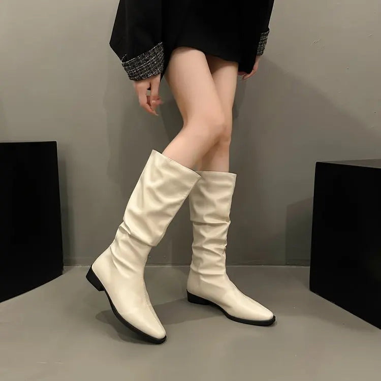 Lunivop Vintage Thick Heel Women Pleated Knee High Boots New Fashion Slip on Shoes Autumn Winter Ladies Pointed Toe Long Booties