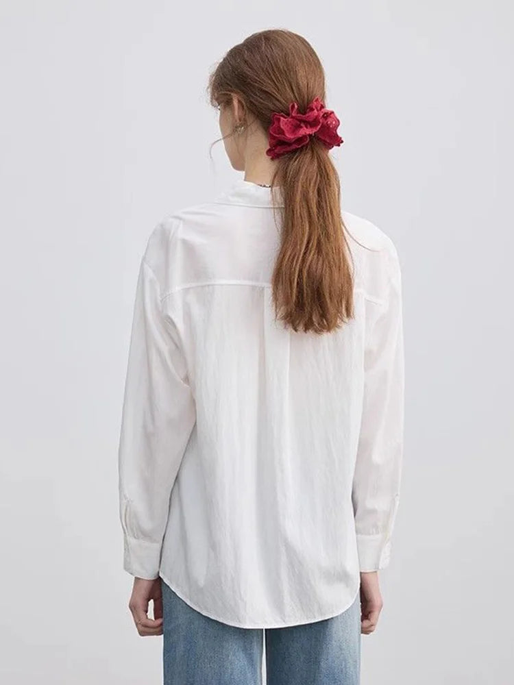 Lunivop Lace Patchwork White Shirt Women Elegant Long Sleeve Vintage Blouse American Casual Autumn Female Sweet Pocket Retro Tops