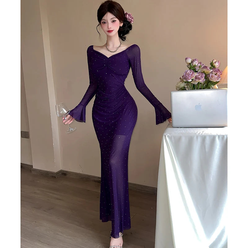 Lunivop  Spring Summer Red Mesh Diamonds Polka Dot Dress Women Long Sleeve Elegant Luxury Dress Gown Korean Vintage Bodycon Vestidos