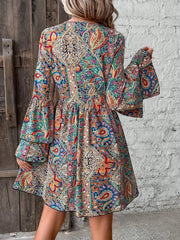 Lunivop  Autumn Winter New Elegant Women Clothing Fashion Flower Printed V-Neck Flare Sleeve Party A-Line Short Dresses