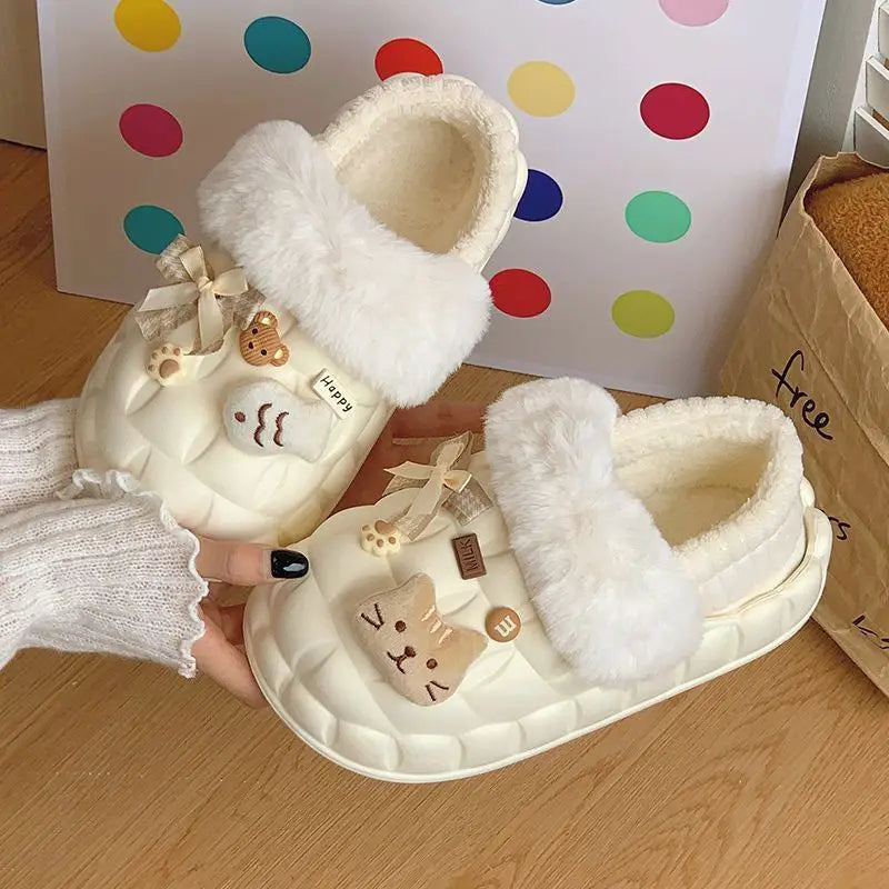 Lunivop Winter Slippers for Women Cartoon Cat Outdoor Waterproof House Shoes Ladies Plush Casual Shoes Indoor Fluffy Cotton Shoes