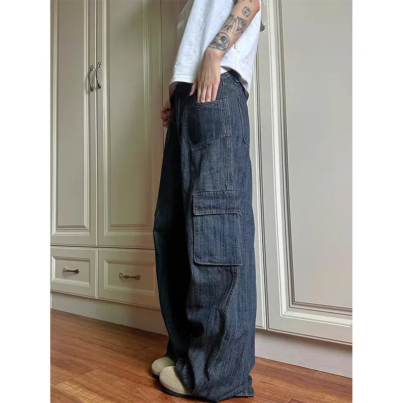 Lunivop Blue Womens Jeans High Waist Vintage Design Hip Hop Straight Baggy Denim Pants Street Y2K American Style Wide Leg Denim Trouser