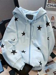 Lunivop Stars Print Hoodies Women Vintage Streetwear Long Sleeve Loos Blue Sweatshirts Casual Pockets Lace Up American Fall Tops
