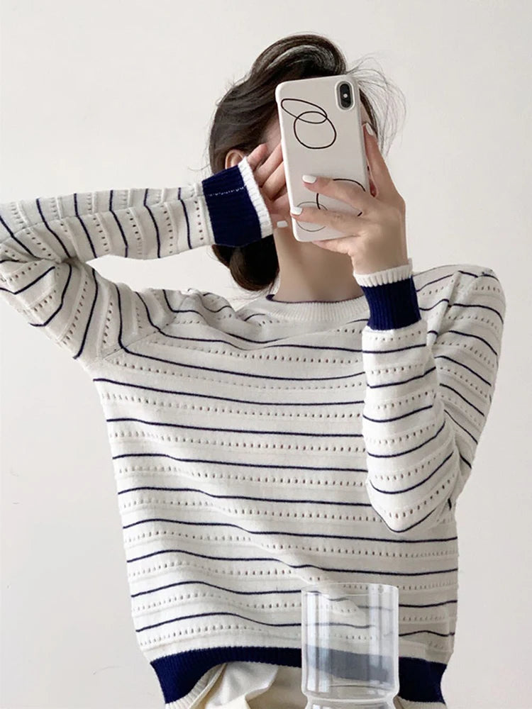Lunivop Vintage Elegant Striped Sweaters Women Loose O Neck Hollow Out Knitted Pullover French Retro Long Sleeve Casual Jumper Tops