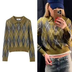 Lunivop  Vintage Casual Chic Women Sweater Argyle Long Sleeve Knitted Pullover Top Fashion Autumn Winter Short Sweater