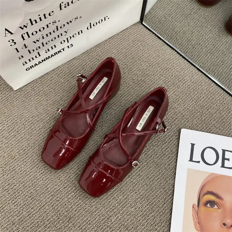 Lunivop Medium Heeled Mary Jane Single Shoes New Women Shoes Retro Thick Heeled Ballet Shoes Cross Buckle Shallow Soft Sole Shoe