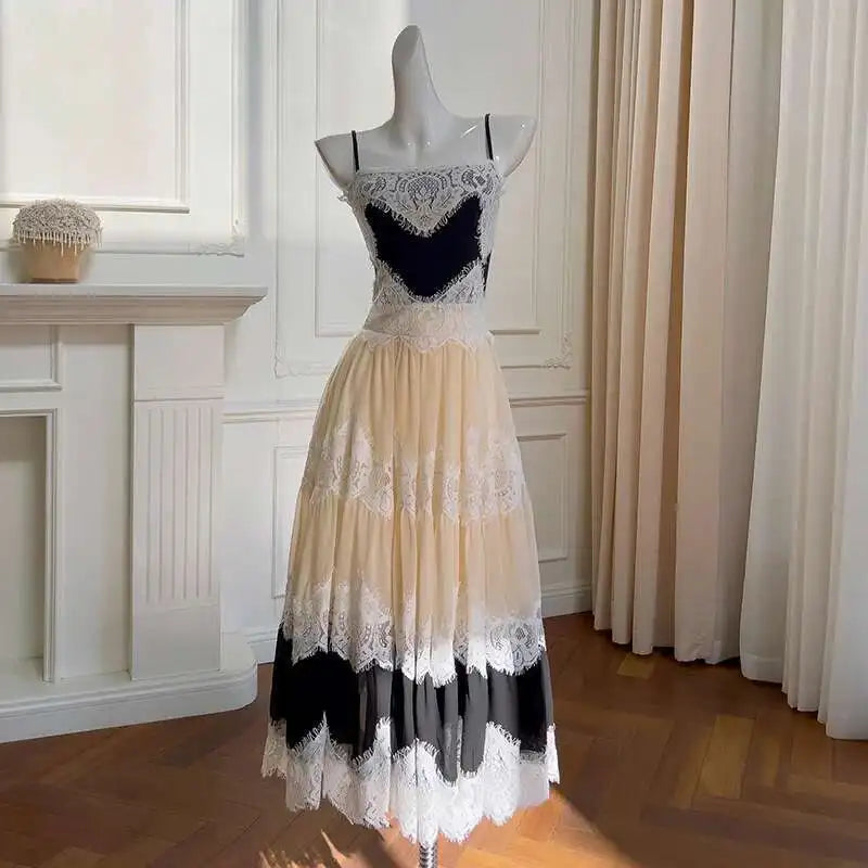 Lunivop French Style Lace Contrast Suspender Dress Spliced Sleeveless One Shoulder Evening Dresses Female 2025 Spring New