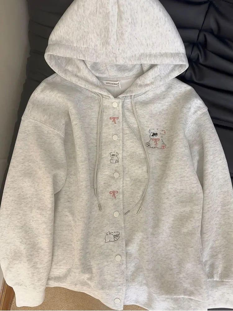 Lunivop Cartoon Embroidery Cute Hoodies Women Vintage Oversize Loose Long Sleeve Sweatshirts Preppy Style Kawaii Japan Lady Outwear Tops