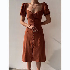 Lunivop  Elegant Dresses Women Summer Sexy Dress New V-Neck Single Breasted Short Puff Sleeves Solid High Waist Hem Split Midi Dress