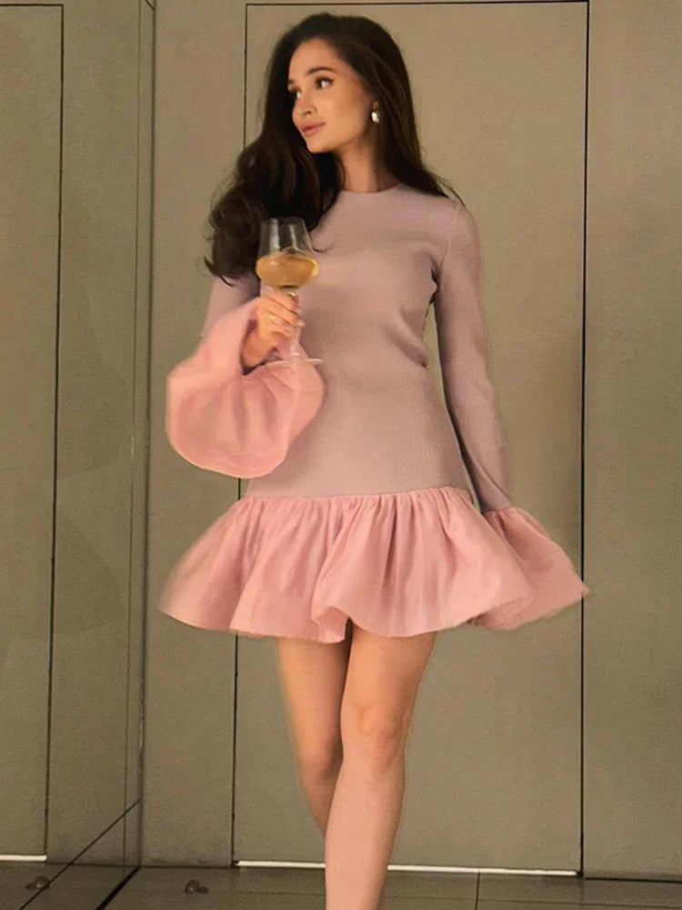 Lunivop Knitted Mini Dress Female Long Sleeves Gown Flare Sleeves Spliced Autumn Winter Dress A-Line Sweet Bodycon Women Clothes