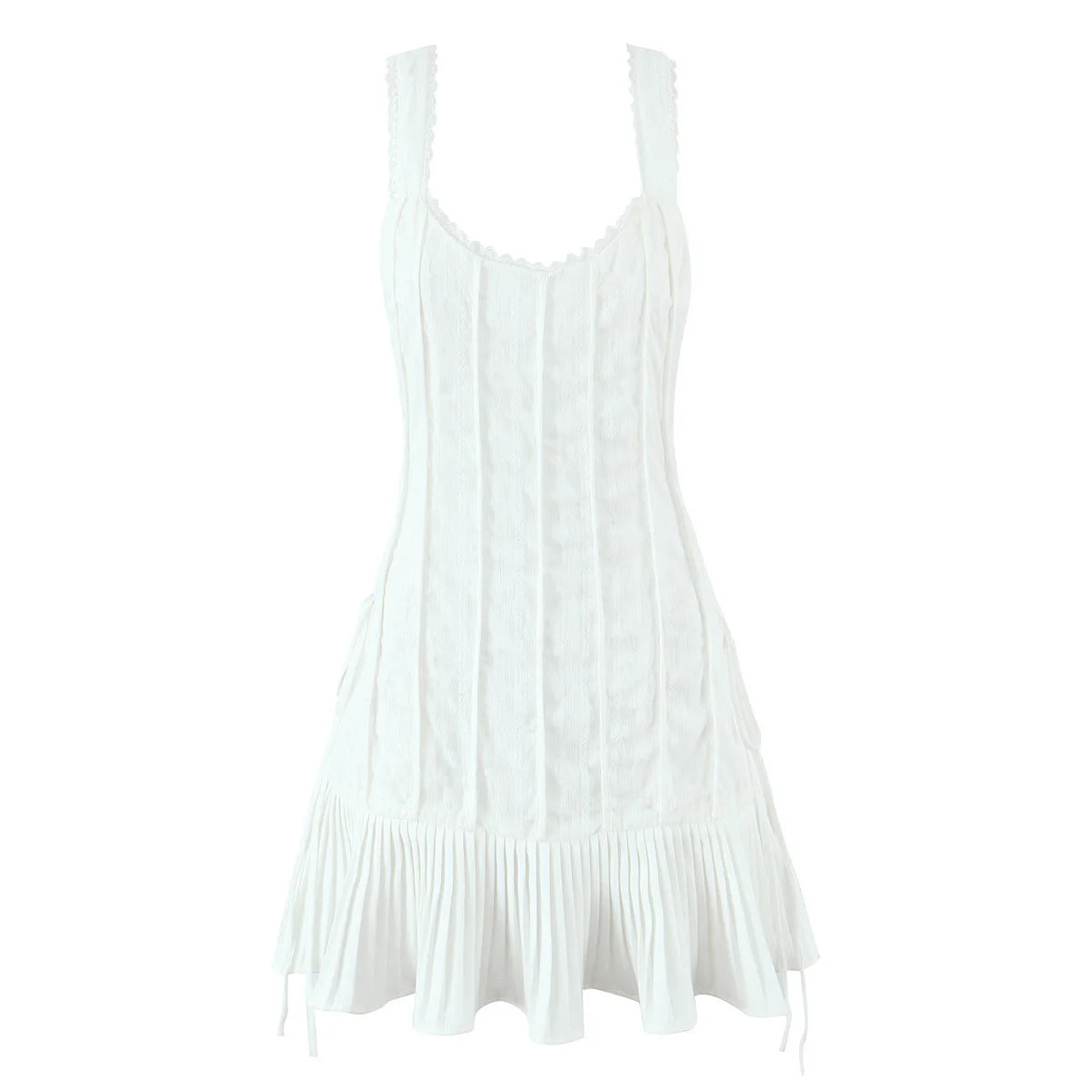 Lunivop  Sweet Girl O Neck Sleeveless White Tank Mini Dress Women Side Bandage Pleated Hem Casual Holiday Summer Dresses Short Robe