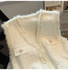 Lunivop Glittery Knit Ves for Women Soft Fuzzy Button-Down Pocket Sleeveless Plaid Jacket Coat Fall Winter Luxury Outfit