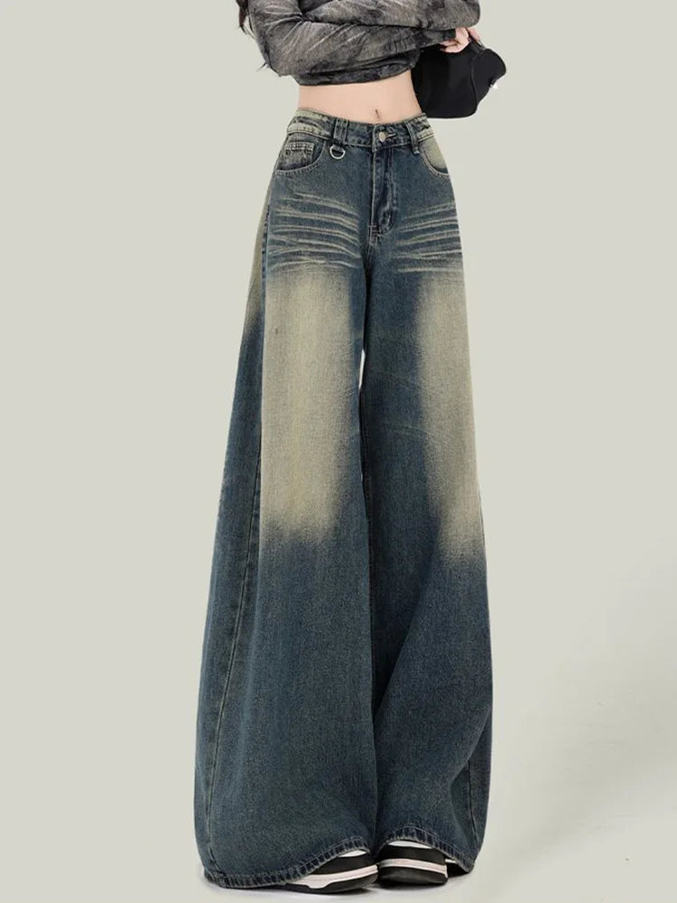 Lunivop Women Streetwear Retro Jeans Loose High Waist Y2K Denim Pants Casual American Harajuku Fall Female Pockets Wide Leg Trousers New