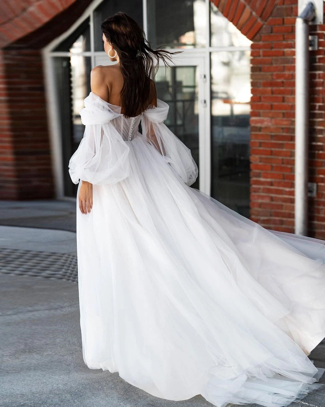 Lunivop Franch Style Romantic Women's Wedding Dress Off Shoulders Latern Sleeves Embellished A Line Bride Dresses Side Slit Bridal Gown
