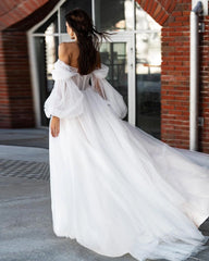 Lunivop Franch Style Romantic Women's Wedding Dress Off Shoulders Latern Sleeves Embellished A Line Bride Dresses Side Slit Bridal Gown
