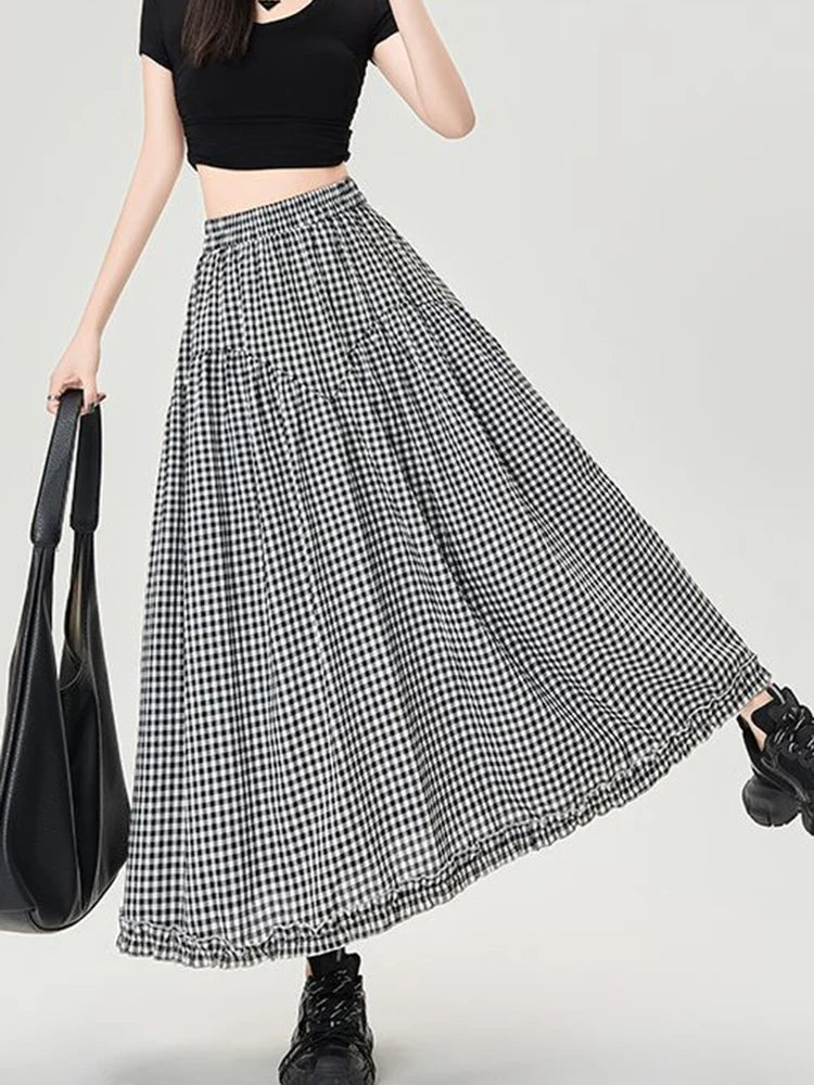 Lunivop  Vintage Plaid Long Skirts Women Loose Y2K High Waist A Line Skirts Japan Retro Casual All Match Black White Plaid Skirt New
