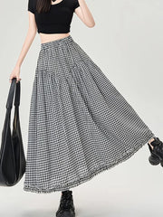 Lunivop  Vintage Plaid Long Skirts Women Loose Y2K High Waist A Line Skirts Japan Retro Casual All Match Black White Plaid Skirt New