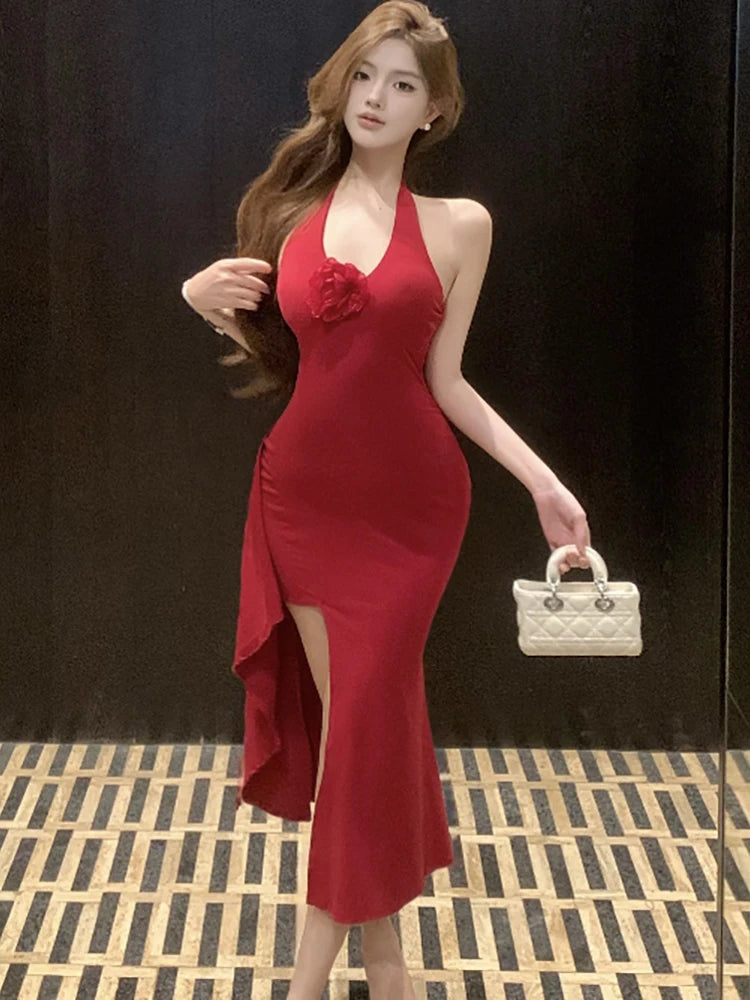 Lunivop  Summer Red Elegant Chic Flower Neck-mounted Dress Women Korean Fashion Bodycon Slit Long Dress 2025 New Festival Evening Dresses