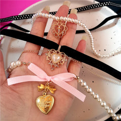 Lunivop Kpop Goth Vintage Harajuku Cute Heart Bowknot Cross Pendant Pearl Choker Necklace For Women Girls Aesthetic Y2k Charm Jewelry