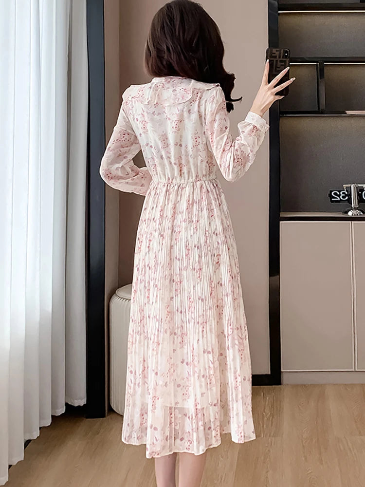 Lunivop  Pink Floral Chiffon Casual Beach Long Dress Women Spring Elegant Chic Bow Y2k Dress Korean Fashion Bodycon Evening Dresses
