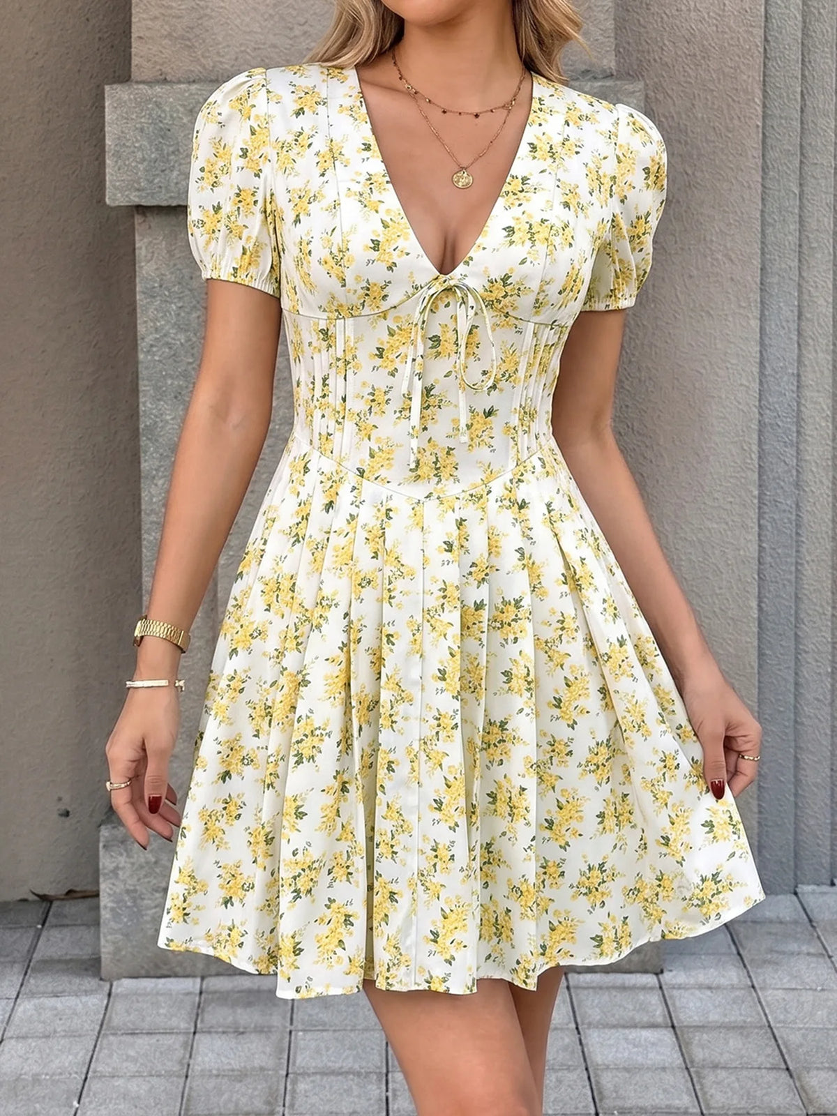 Lunivop  New Floral Print Bow Pleated Summer Dress Women Elegant V-neck Puff Sleeve Mini Dress Female Holiday Beach Sundress
