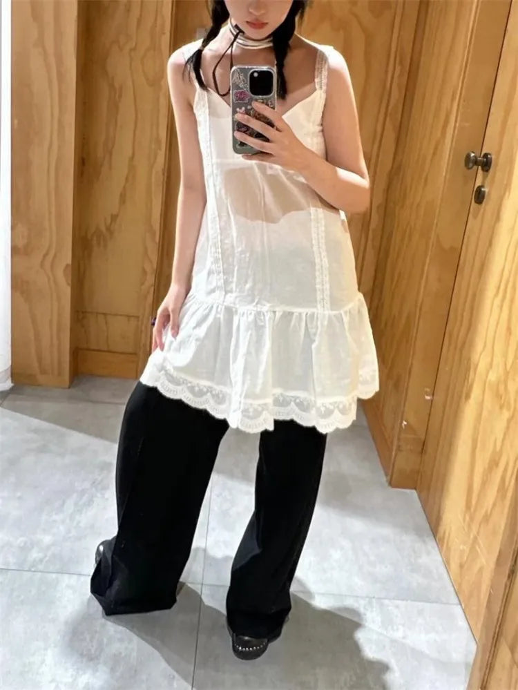 Lunivop  Lace Patchwork Camisole Vest Dresses Simple All-match Vestidos De Verano Mujer 2025 Summer New White Dress for Women