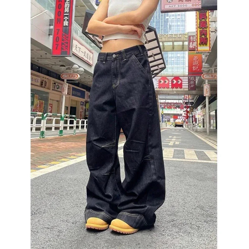 Lunivop Grunge Black Jeans Women Y2k Vintage Oversized High Street Wide Cargo Denim Trousers Casual Baggy Straight Denim Pants