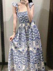 Lunivop  Women Ruffles Flare Sleeve Midi Holiday Dresses BOHO Summer Blue White Floral Embroidery Hollow Out hole Slit Backless Dress