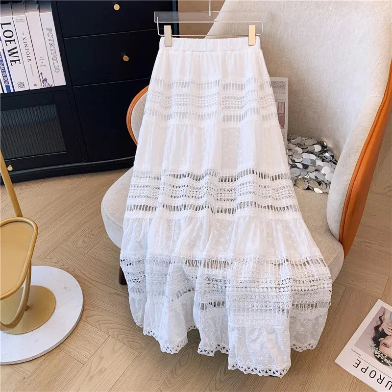 Lunivop Embroidery Eyelet Cut-out Maxi Skirt White Cotton Semi Sheer Flowy Long Skirt Women Boho Summer Vacation Fairycore Outfit