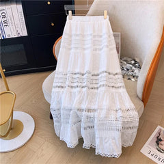 Lunivop Embroidery Eyelet Cut-out Maxi Skirt White Cotton Semi Sheer Flowy Long Skirt Women Boho Summer Vacation Fairycore Outfit