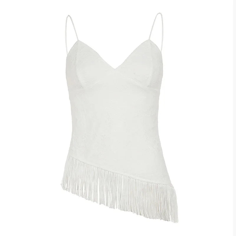 Lunivop  Lace Jacquard Cami Top Thin Spaghetti Straps V Neck Irregular Fringe Hem Slim Fit Summer Chic Vacation Lady Elegant Top