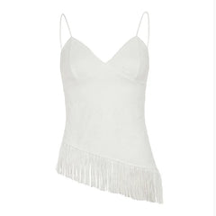 Lunivop  Lace Jacquard Cami Top Thin Spaghetti Straps V Neck Irregular Fringe Hem Slim Fit Summer Chic Vacation Lady Elegant Top
