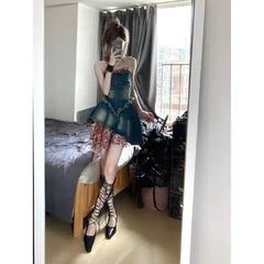 Lunivop  Retro Spicy Girl Rose Floral Patchwork Denim Dress Women's Summer New Design Waist Cinching Strapless Mini Skirt Dress