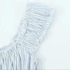 Lunivop  Sexy Blue White Striped Elastic Strap Slash Shoulder Dress Folded Elastic Waist Swing A-line Short Tank Robe Holiday Woman
