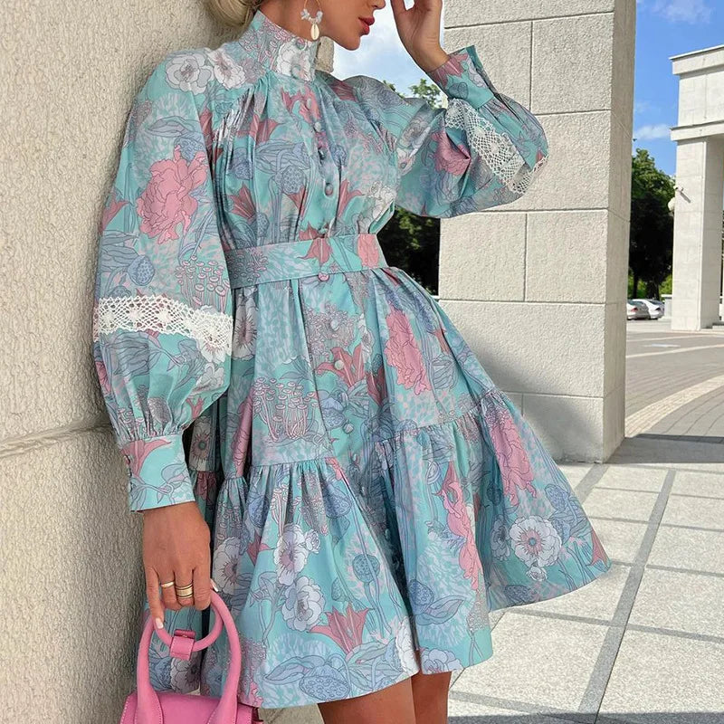Lunivop  Summer Print Waist Pleated Backless Dress Women Bohomian Elegant Off Shoulder Puff Sleeve Party Long Maxi Dresses