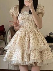 Lunivop  Summer Fairy Puff Sleeve Strapless Floral Print Dresses Women Elegant Sweet Chiffon Dress High Waist Slim Tierred Princess New