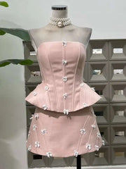 Lunivop New Spring And Summer Sweet Bow Decorated Pink Corset Style Women's Two-piece Set Dress Elegant Dresses Female